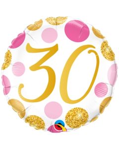 Luftballon aus Folie mit Helium, Pink & Gold Dots 30, zum 30. Geburtstag