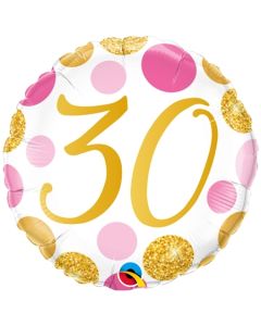 Luftballon zum 30. Geburtstag, Pink & Gold Dots 30, ohne Helium-Ballongas