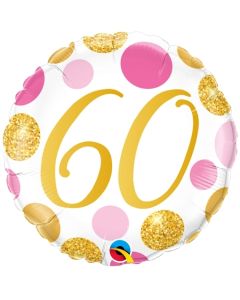 Luftballon zum 60. Geburtstag, Pink & Gold Dots 60, ohne Helium-Ballongas