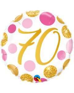 Luftballon zum 70. Geburtstag, Pink & Gold Dots 70, ohne Helium-Ballongas