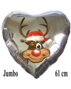 Jumbo Folienballon Rentier Rudolph, 61 cm Herz, silber, ohne Helium/Ballongas