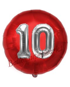 Runder Luftballon Jumbo Zahl 10, rot-silber mit 3D-Effekt zum 10. Geburtstag