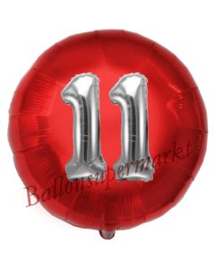 Runder Luftballon Jumbo Zahl 11, rot-silber mit 3D-Effekt zum 11. Geburtstag