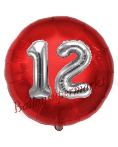 Runder Luftballon Jumbo Zahl 12, rot-silber mit 3D-Effekt zum 12. Geburtstag