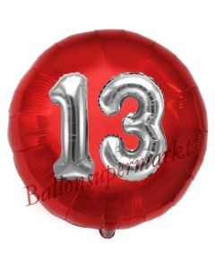 Runder Luftballon Jumbo Zahl 13, rot-silber mit 3D-Effekt zum 13. Geburtstag