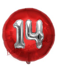 Runder Luftballon Jumbo Zahl 14, rot-silber mit 3D-Effekt zum 14. Geburtstag