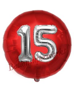 Runder Luftballon Jumbo Zahl 15, rot-silber mit 3D-Effekt zum 15. Geburtstag