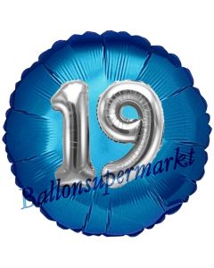 Runder Luftballon Jumbo Zahl 19, blau-silber mit 3D-Effekt zum 19. Geburtstag