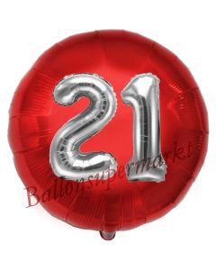 Runder Luftballon Jumbo Zahl 21, rot-silber mit 3D-Effekt zum 21. Geburtstag
