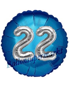 Runder Luftballon Jumbo Zahl 22, blau-silber mit 3D-Effekt zum 22. Geburtstag
