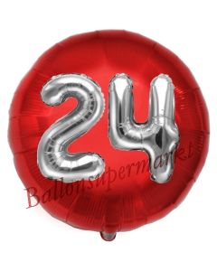 Runder Luftballon Jumbo Zahl 24, rot-silber mit 3D-Effekt zum 24. Geburtstag