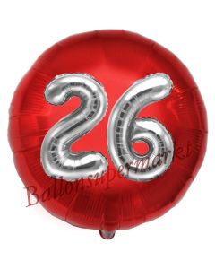 Runder Luftballon Jumbo Zahl 26, rot-silber mit 3D-Effekt zum 26. Geburtstag