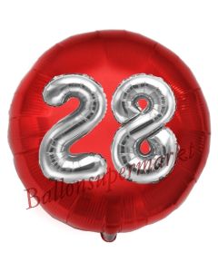 Runder Luftballon Jumbo Zahl 28, rot-silber mit 3D-Effekt zum 28. Geburtstag