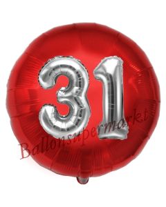 Runder Luftballon Jumbo Zahl 31, rot-silber mit 3D-Effekt zum 31. Geburtstag