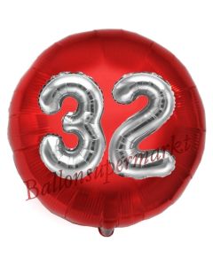 Runder Luftballon Jumbo Zahl 32, rot-silber mit 3D-Effekt zum 32. Geburtstag