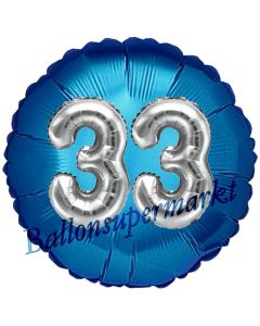 Runder Luftballon Jumbo Zahl 33, blau-silber mit 3D-Effekt zum 33. Geburtstag