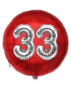 Runder Luftballon Jumbo Zahl 33, rot-silber mit 3D-Effekt zum 33. Geburtstag