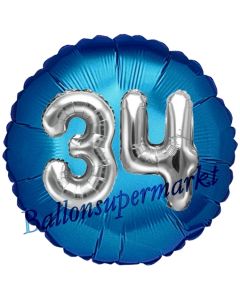 Runder Luftballon Jumbo Zahl 34, blau-silber mit 3D-Effekt zum 34. Geburtstag