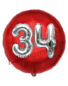 Runder Luftballon Jumbo Zahl 34, rot-silber mit 3D-Effekt zum 34. Geburtstag