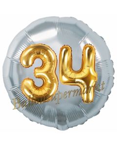 Runder Luftballon Jumbo Zahl 34, silber-gold mit 3D-Effekt zum 34. Geburtstag