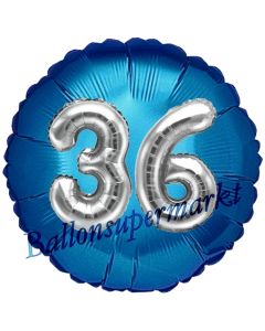 Runder Luftballon Jumbo Zahl 36, blau-silber mit 3D-Effekt zum 36. Geburtstag
