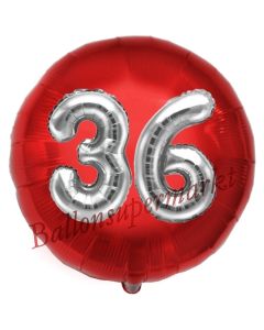 Runder Luftballon Jumbo Zahl 36, rot-silber mit 3D-Effekt zum 36. Geburtstag
