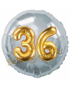 Runder Luftballon Jumbo Zahl 36, silber-gold mit 3D-Effekt zum 36. Geburtstag