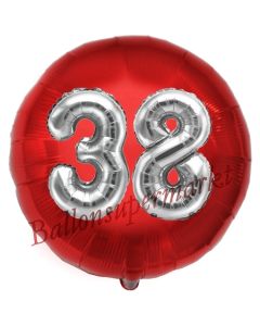 Runder Luftballon Jumbo Zahl 38, rot-silber mit 3D-Effekt zum 38. Geburtstag