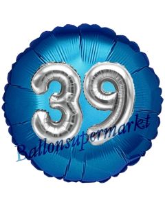 Runder Luftballon Jumbo Zahl 39, blau-silber mit 3D-Effekt zum 39. Geburtstag