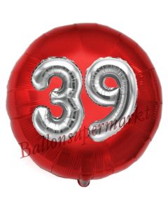Runder Luftballon Jumbo Zahl 39, rot-silber mit 3D-Effekt zum 39. Geburtstag