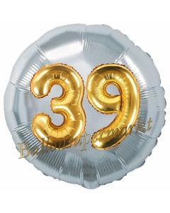 Runder Luftballon Jumbo Zahl 39, silber-gold mit 3D-Effekt zum 39. Geburtstag