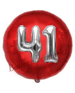 Runder Luftballon Jumbo Zahl 41, rot-silber mit 3D-Effekt zum 41. Geburtstag