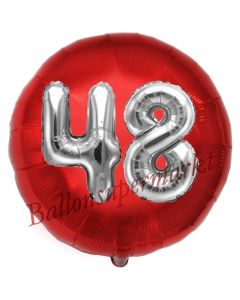 Runder Luftballon Jumbo Zahl 48, rot-silber mit 3D-Effekt zum 48. Geburtstag