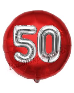 Runder Luftballon Jumbo Zahl 50, rot-silber mit 3D-Effekt zum 50. Geburtstag