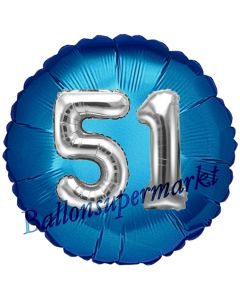 Runder Luftballon Jumbo Zahl 51, blau-silber mit 3D-Effekt zum 51. Geburtstag