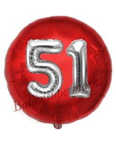 Runder Luftballon Jumbo Zahl 51, rot-silber mit 3D-Effekt zum 51. Geburtstag