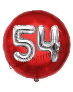 Runder Luftballon Jumbo Zahl 54, rot-silber mit 3D-Effekt zum 54. Geburtstag