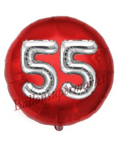 Runder Luftballon Jumbo Zahl 55, rot-silber mit 3D-Effekt zum 55. Geburtstag