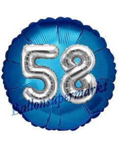 Runder Luftballon Jumbo Zahl 58, blau-silber mit 3D-Effekt zum 58. Geburtstag