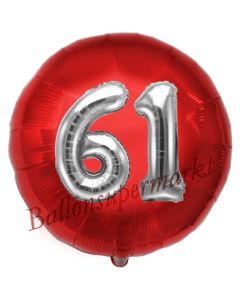 Runder Luftballon Jumbo Zahl 61, rot-silber mit 3D-Effekt zum 61. Geburtstag