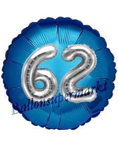 Runder Luftballon Jumbo Zahl 62, blau-silber mit 3D-Effekt zum 62. Geburtstag