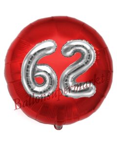 Runder Luftballon Jumbo Zahl 62, rot-silber mit 3D-Effekt zum 62. Geburtstag