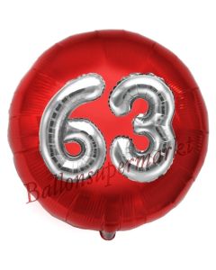 Runder Luftballon Jumbo Zahl 63, rot-silber mit 3D-Effekt zum 63. Geburtstag