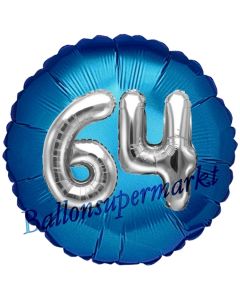 Runder Luftballon Jumbo Zahl 64, blau-silber mit 3D-Effekt zum 64. Geburtstag