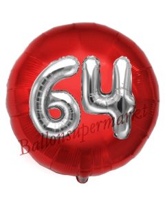 Runder Luftballon Jumbo Zahl 64, rot-silber mit 3D-Effekt zum 64. Geburtstag