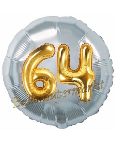 Runder Luftballon Jumbo Zahl 64, silber-gold mit 3D-Effekt zum 64. Geburtstag