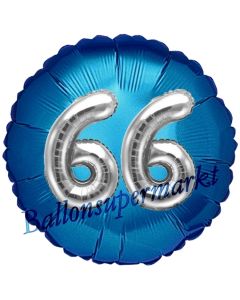 Runder Luftballon Jumbo Zahl 66, blau-silber mit 3D-Effekt zum 66. Geburtstag