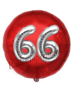 Runder Luftballon Jumbo Zahl 66, rot-silber mit 3D-Effekt zum 66. Geburtstag