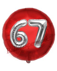 Runder Luftballon Jumbo Zahl 67, rot-silber mit 3D-Effekt zum 67. Geburtstag