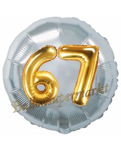 Runder Luftballon Jumbo Zahl 67, silber-gold mit 3D-Effekt zum 67. Geburtstag
